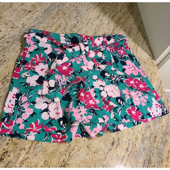 J Crew Pink Green Floral Print Shorts Womens Size 10 Pleats Belted Hawaii - Picture 2 of 13